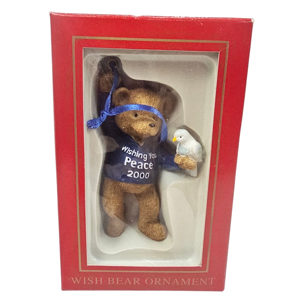 Wish Bear Ornament Wishing You Peace 2000 Bear with Dove Navy Blue Sweater Boxed